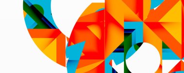 Parlak geometrik şekiller çakışıyor. Turuncu, kırmızı, turkuaz, beyaz dinamik bileşim yaratır. Modern tasarım, soyut sanat, canlı renkler, temiz çizgiler..