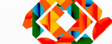 Parlak geometrik şekiller dinamik bileşim oluşturur. Turuncu, mavi, yeşil renkler tasarımda baskın. Modern soyut sanat, temiz çizgiler, canlı renkler.