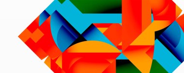 Soyut şekiller, canlı renkler, dinamik kompozisyon. Üst üste binen formlar modern tasarım yaratır. Parlak renkler, pürüzsüz gradyanlar, kalın görseller.