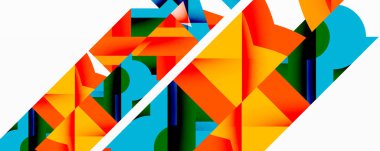 Parlak geometrik şekiller, turuncu, mavi, yeşil, sarı. Çapraz beyaz çizgi bileşimi böler. Modern tasarım, soyut sanat, canlı renkler, temiz çizgiler..