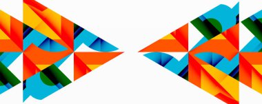 Soyut geometrik şekiller, canlı renkler, dinamik bileşim. Turuncu, mavi, yeşil, sarı modern tasarım yaratır. Keskin açılar, üst üste bindirme biçimleri.