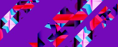 Soyut geometrik şekiller, canlı renkler, mor arkaplan. Dinamik kompozisyon, modern tasarım, üst üste binen katmanlar, keskin açılar, dijital sanat.
