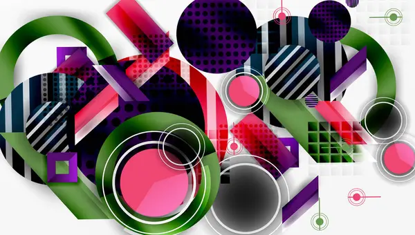 Soyut kompozisyon. Üst üste binen daireler, kareler, dikdörtgenler. Canlı renkler, desenler, gradyanlar. Modern tasarım, geometrik şekiller, dinamik düzenleme.