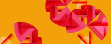 Parlak soyut şekiller, kırmızı, turuncu renkler. Geometrik formlar dinamik bileşim oluşturur. Modern tasarım, canlı renkler, sanatsal ifade.