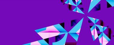Mor arkaplan, mavi, pembe geometrik şekiller. Soyut tasarım, modern tarz, canlı renkler, dijital sanat.