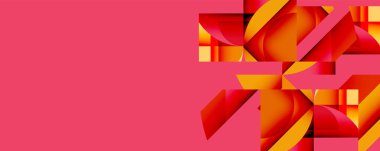 Parlak pembe arka plan. Sağ tarafta soyut turuncu şekiller var, katmanlı, geometrik. Modern tasarım, canlı renkler, dinamik kompozisyon.