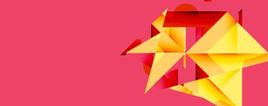 Pembe arka planda parlak sarı yıldız patlaması şekli. Keskin açılı geometrik tasarım, canlı renkler, modern estetik. Minimalist kompozisyon.