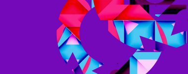 Soyut geometrik şekiller, canlı pembeler, maviler, mor. Modern tasarım, dinamik kompozisyon, dijital sanat. Kalın renkler, keskin açılar, katmanlı biçimler.