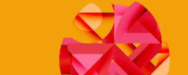 Soyut geometrik bileşim. Kırmızı, pembe, turuncu şekiller kesişiyor. Parlak sarı arkaplan karşıtlık yaratır. Modern tasarım, canlı renkler, dinamik biçim.