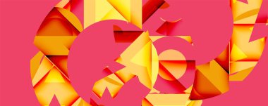 Parlak soyut kompozisyon. Üst üste binen şekiller, canlı turuncu, sarı renkler. Pembe arka plan dinamik görsel deneyim yaratır. Modern tasarım.