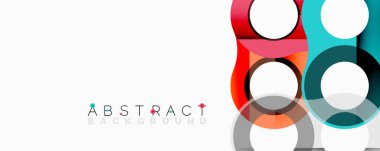 Üst üste binen parlak daireler, dikdörtgenler. Modern tasarım, canlı renkler, beyaz alan. Geometrik şekiller dinamik bileşim oluşturur.