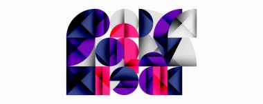 Soyut geometrik bileşim. Şekiller üçgenler, daireler, kareler içerir. Renkler pembe, mor, lacivert, beyaz. Modern tasarım, dijital sanat.