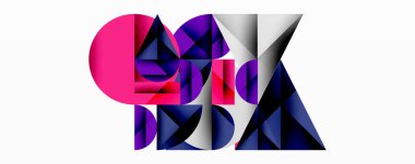 Soyut geometrik bileşim. Canlı pembe daire koyu mavi, mor, beyaz üçgenlerle kesişiyor. Modern tasarım, keskin açılar, dinamik şekiller..