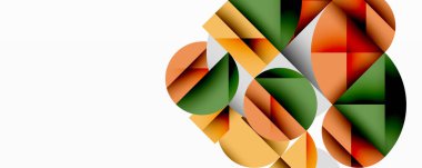 Soyut kompozisyon. Üst üste binen daireler, üçgenler dinamik görsel efekt yaratır. Sıcak, serin tonlar harmanlanır. Modern tasarım, temiz çizgiler. Minimalist estetik.