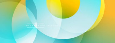 Soyut tasarım. Üst üste binen daireler canlı bir eğim yaratıyor. Mavi, yeşil, sarı renkler arasında pürüzsüz geçişler. Modern estetik. Minimalist kompozisyon.