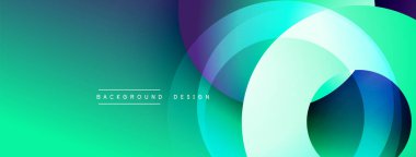 Soyut, enerjik bir tasarım. Üst üste binen daireler dinamik bileşim oluşturur. Gradyanlar maviden yeşile, mor renklere kayar. modern estetik.
