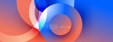 Soyut daireler, canlı renkler, mavi, turuncu, mor. Modern tasarım, düzgün eğimler, üst üste binen şekiller, dinamik kompozisyon. Sunumlar için arkaplan, dijital sanat.