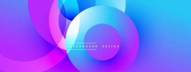Canlı, soyut bir arkaplan. Üst üste binen daireler dinamik değişim etkisi yaratır. Mor, mavi renkler kompozisyona hakim. Modern tasarım ögesi.
