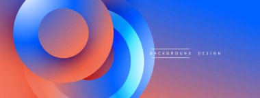 Soyut tasarım. Üst üste binen daireler dinamik akış yaratır. Mavi, mor, turuncu renkler düzgün bir şekilde harmanlanır. Modern estetik, canlı renkler, basit kompozisyon.