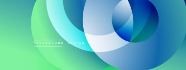 Soyut tasarım. Üst üste binen daireler dinamik görsel efekt yaratır. Mavi, yeşil renkler düzgün bir şekilde harmanlanır. Modern, temiz estetik. Minimalist kompozisyon.