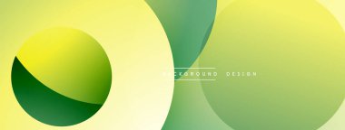 Soyut tasarım. Üst üste binen daireler, yeşil, sarı renkler. Yumuşak eğimler derinlik yaratır. Minimalist estetik, modern his. Temiz bileşim.