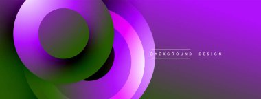 Mor, yeşil katmanlar soyut tasarım yaratır. Düz gradyanlar, dairesel şekiller, modern estetik. Minimalist kompozisyon, canlı renkler, dijital sanat.