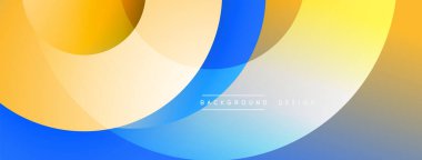 Soyut kompozisyon. Üst üste binen daireler dinamik, renkli katmanlar oluşturur. Mavi, sarı, turuncu renkler düzgün bir şekilde harmanlanır. Arkaplan ve sunumlar için modern tasarım.
