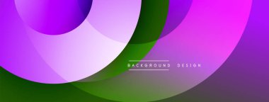 Soyut tasarım. Üst üste binen çemberler canlı gradyanlar yaratır. Mor, yeşil renkler kompozisyona hakim. Modern estetik, basit şekiller.