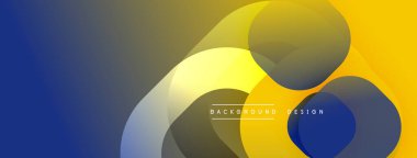Soyut tasarım. Üst üste binen daireler dinamik bileşim yaratır. Sarı, mavi, gri renkler düzgün bir şekilde harmanlanır. Modern estetik. Minimalist stil.