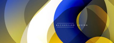 Soyut tasarım. Üst üste binen daireler dinamik bileşim yaratır. Altın, mavi, beyaz, gri tonların karışımı. Modern estetik, basit şekiller, temiz çizgiler. Sunumlar ve web siteleri için arkaplan.
