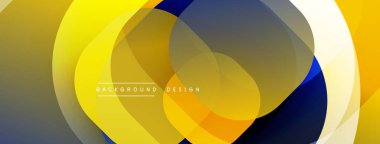 Soyut tasarım. Üst üste binen daireler dinamik bileşim yaratır. Sarı, mavi, gri renkler kusursuz bir şekilde harmanlanır. Modern estetik, canlı, pürüzsüz eğimler.