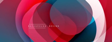 Üst üste binen daireler içeren soyut tasarım. Kırmızı, mavi, beyaz renkler dinamik kompozisyon oluşturur. Yumuşak eğim, modern estetik. Minimalist stil.