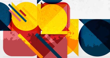 Soyut geometrik bileşim. Üst üste binen şekiller, canlı renkler, dokulu yüzeyler. Modern tasarım, kalın zıtlıklar, dinamik düzenleme.