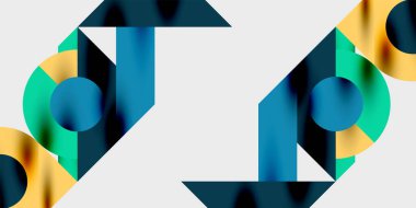 Soyut geometrik şekiller, canlı renkler, modern tasarım. Üst üste binen formlar dinamik bileşim oluşturur. Pürüzsüz gradyanlar derinlik ekler. Minimalist estetik.