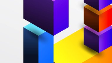 Soyut geometrik bileşim. Canlı bloklar kesişiyor, dinamik gölgeler oluşturuyor. Renkler karışır, değişkenler oluşur. Modern tasarım, temiz çizgiler, kalın şekiller..