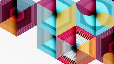 Soyut geometrik bileşim. Canlı renkler, katmanlı şekiller dinamik görsel efektler yaratır. Çizgiler, açılar, formlar kesişiyor, karmaşık desenler oluşturuyor. Modern tasarım.