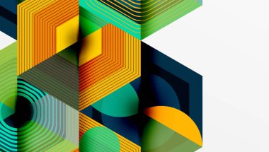 Parlak geometrik şekiller çakışıyor. Turuncu, yeşil, mavi, sarı modern tasarım yaratır. Çizgiler altıgen desenleri, canlı bileşim oluşturur.