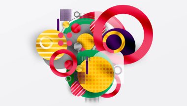 Soyut geometrik bileşim. Çemberler, kareler, noktalar, çizgiler dinamik tasarım yaratır. Parlak renkler, üst üste binen şekiller, modern estetik..