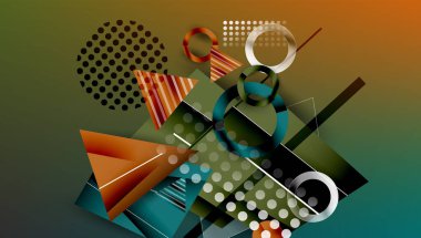 Soyut geometrik bileşim. Şekiller çakışıyor, dinamik görsel etki yaratıyor. Renkler karışır, değişken arkaplan oluşturur. Modern tasarım elemanları.