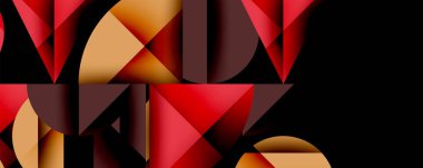 Soyut geometrik bileşim. Kırmızı, kahverengi, altın şekiller siyah arka planda kesişiyor. Modern tasarım, keskin açılar, pürüzsüz gradyanlar dinamik görsel efekt yaratır.