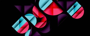 Soyut şekiller, canlı renkler, koyu arkaplan. Geometrik formlar çakışıyor, dinamik bileşim oluşturuyor. Modern tasarım, cesur estetik.