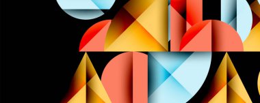 Soyut geometrik bileşim. Şekiller üçgenler, yarı daireler, kareler içerir. Renkler turuncu, kırmızı, mavi, sarı, siyah. Modern tasarım, minimalist estetik.