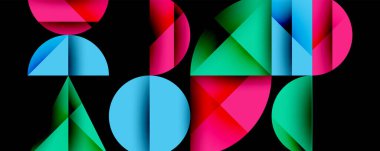 Geometrik şekiller çakışıyor. Canlı renkler dinamik bileşim yaratır. Modern tasarım, soyut sanat, kalın biçimler, temiz çizgiler..