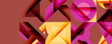 Soyut geometrik şekiller, canlı renkler, üst üste binen formlar, modern tasarım, dinamik bileşim, gradyanlar, doku, görsel öğeler, sanatsal ifade.