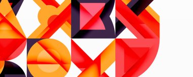 Soyut geometrik bileşim. Üst üste binen şekiller, dinamik görsel ilgi yaratır. Kırmızı, turuncu, mor, siyah, beyaz renkler baskın. Modern tasarım.