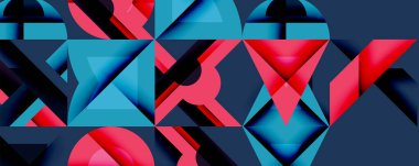 Soyut geometrik desen. Kırmızı, mavi şekiller dinamik bileşim oluşturur. Modern tasarım, canlı renkler, keskin açılar. Minimalist estetik.