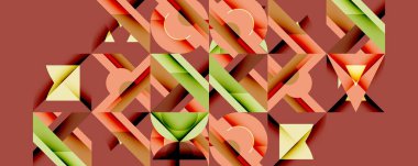 Soyut geometrik şekiller, turuncu, yeşil, kahverengi. Üst üste binen formlar karmaşık desenler yaratır. Modern tasarım, canlı renkler, düz çizimler.