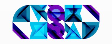 Soyut geometrik bileşim. Mavi, mor tonlar karmaşık şekiller oluşturur. Üçgenler, kıvrımlar dinamik görsel etki yaratır. Modern tasarım, canlı renkler.