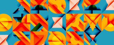 Parlak geometrik şekiller, turuncu, kırmızı, mavi. Soyut desen, düz tasarım, modern estetik. Üst üste binen formlar dinamik bileşim oluşturur.