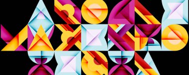 Geometrik şekiller, canlı renkler, soyut tasarım. Örnekler B harfini oluşturuyor. Parlak pembeler, portakallar, maviler kompozisyona hakim. Modern sanat tarzı.